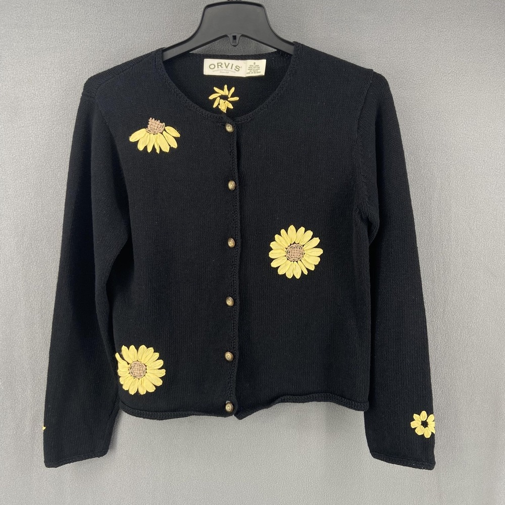 Orvis Sweater‎ Womens Small Black Cardigan Daisy Linen Cotton Whimsy Y2K
